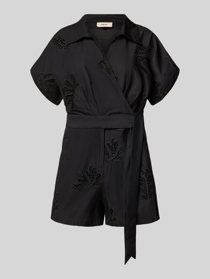 Produktfoto, czarny Jumpsuit in Wickel-Optik Modell 'TRACY' od SUNCOO PARIS z bawełny, haft angielski, pasek, krój relaxed fit