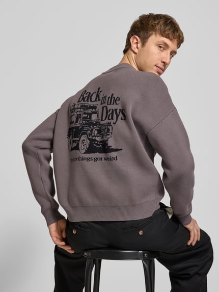 Männermodel trägt Strickpullover mit Label-Stitching Modell 'BACK IN THE DAYS' von PROHIBITED in Grau, Rückenansicht, Herren Regular Fit.
