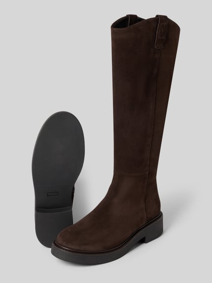 Produktfoto, dunkelbraune Stiefel aus echtem Rindsleder Modell 'Perla' von Marc O'Polo, samtige Textur, Damen Stiefel / Boots