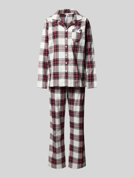 Produktfoto, kariertes Design in Weiß, Rot und Schwarz, reine Baumwolle, Knopfleiste, Reverskragen, Brusttasche mit Schleife, 'Pyjama mit Brusttasche Modell Kuschel-Momente' von LOUIS & LOUISA, Damen Pyjama, Loose Fit, Pyjama-Hose mit Kordelzug, Label-Stitching