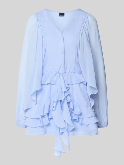 Produktfoto, Minikleid mit Rüschenbesatz van Gina Tricot, lichtblauw, getailleerd, V-hals, knoopsluiting, met lange mouwen, structuurtextuur