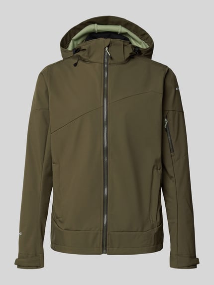 Produktfoto, Regular Fit kurtka z kapturem model 'BARMSTEDT' od Icepeak, stójka, kieszeń na rękawie z zamkiem błyskawicznym, wpuszczane kieszenie, zamek błyskawiczny, nadruk z logo, długość tyłu w rozmiarze 50: 78 cm, szerokość ramion w rozmiarze 50: 43 cm, szerokość klatki piersiowej w rozmiarze 50: 54 cm, długość rękawów w rozmiarze 50: 71 cm, kolor oliwkowozielony, matowa tekstura.