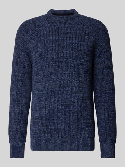 Produktfoto, Strickpullover aus reiner Baumwolle Modell 'BARBOUR HORSEFORD' von BARBOUR, melierte Strickoptik in Dunkelblau, Rundhalsausschnitt, langärmlig, gerippte Abschlüsse.