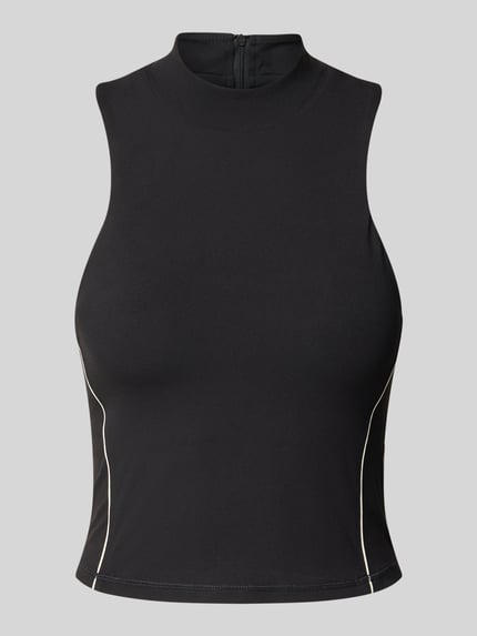 Productfoto, Slim Fit top met contrastnaden Model 'Malbon' van Fabletics, Materiaalmix met stretch, mouwloos, opstaande kraag, zwart