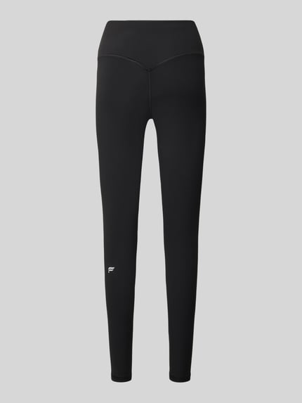 Produktfoto, schwarze Slim Fit Leggings mit Logo-Print von Fabletics, elastischer Bund, knöchellang, glatte Stretch-Textur, Vorderansicht.