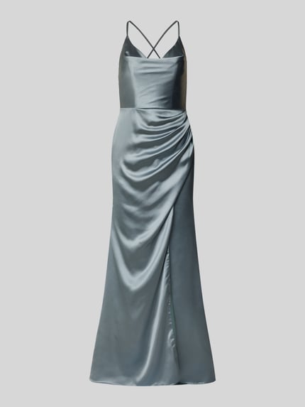 Produktfoto, Abendkleid mit Wasserfall-Ausschnitt von Laona in glänzendem satinierten Blau, körpernahe Passform, Spaghettiträger, Maxi-Länge, Wickel-Optik, Rückenausschnitt mit gekreuzten Trägern, feine Nahtstruktur.
