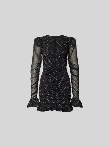 Produktfoto, Slim Fit Minikleid mit Raffungen von ROTATE, schwarz mit weißen Punkten, Rüschenbesatz, Rundhals, langärmelig, Textur semitransparent, Schlüssellochausschnitt, Gesamtlänge 82 cm, Brustweite 39 cm, Ärmellänge 77 cm