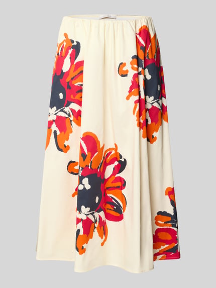 Produktfoto, Midirock im Allover-Look mit elastischem Bund von HERZENS, bunter Blumenprint, A-Linie, Baumwoll-Elasthan-Mix, Creme-Orange-Schwarz