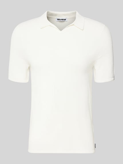 Productfoto, Slim Fit Poloshirt met structuurpatroon van REVIEW, puur katoen, v-hals, lengte rug maat M 66 cm, wit met fijne textuur