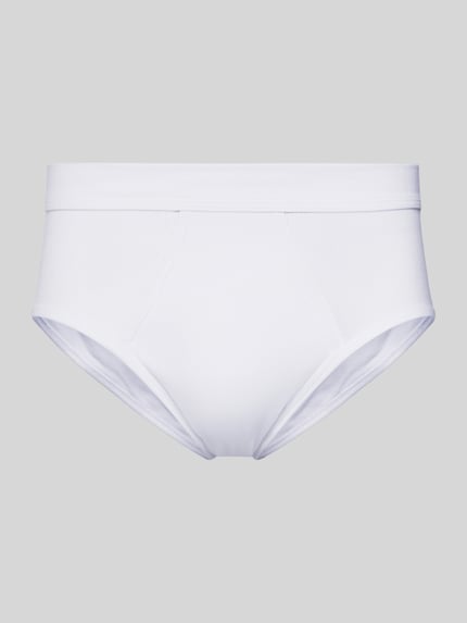 Produktfoto, Slip mit elastischem Bund von Schiesser in Weiß, körpernaher Schnitt, reine Baumwolle, glatte Textur vor grauem Hintergrund