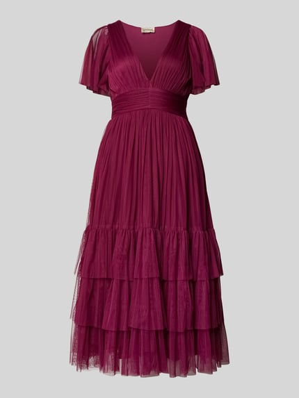 Produktfoto, Cocktailkleid mit tiefem V-Ausschnitt von LACE & BEADS, bordowy, A-liniowy fason, długość midi, warstwowy wygląd, pasek w talii, długość tyłu w rozmiarze S: 121 cm, szerokość w rozmiarze S: 42 cm, długość rękawa w rozmiarze S: 25 cm, lekka tiulowa tekstura