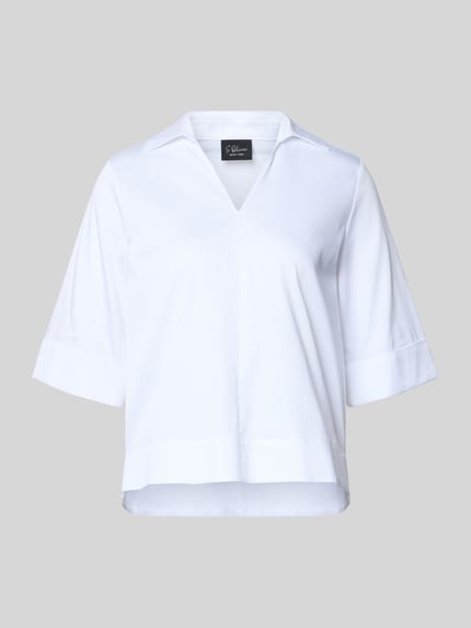 Productfoto, Regular Fit Blusenshirt aus Baumwoll-Mix van s.Oliver RED LABEL, effen wit, V-hals, korte mouw met omslag, zijsplitten