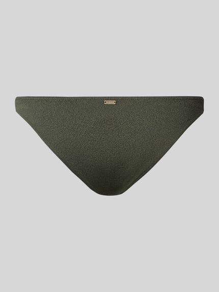 Produktfoto, dunkelgrüner Bikini-Slip mit Label-Detail Modell 'ALERIA' von Banana Moon, Damen, Material-Mix mit Stretch-Anteil, Körpernaher-Schnitt