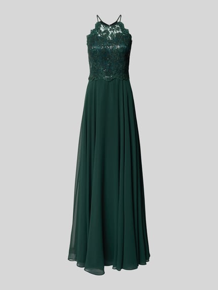 Produktfoto, Abendkleid mit floralem Spitzenbesatz von Vera Mont in Dunkelgrün, Chiffon, Maxilänge, Spitzen- und Paillettenoberteil