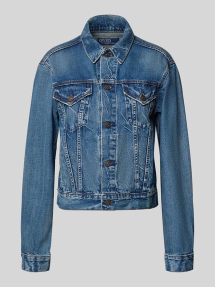 Produktfoto, Regular Fit Jeansjacke aus Baumwoll-Mix von Polo Ralph Lauren in Melange-Optik, einreihige Knopfleiste, Label Patch, Trennnähte, langarm, Knopf Ärmelabschluss, Brusttaschen, Taillen Leistentaschen, blaue Denim-Struktur.