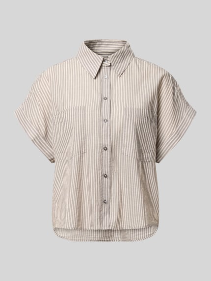Productfoto, Boxy Fit Hemdbluse aus reiner Baumwolle van Marc O'Polo, lichtbeige met verticale strepen, borstzakken, korte mouw met vaste omslag, rugpas met rimpeling, puur katoen, allover-motief