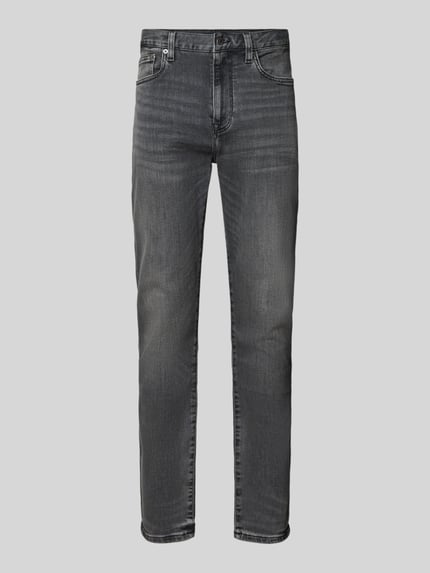 Productfoto, Slim Fit Jeans uit katoenmix model 'BLEECKER' van Tommy Hilfiger in grijs denim met label patch, 5-pocket-design, knoopsluiting.