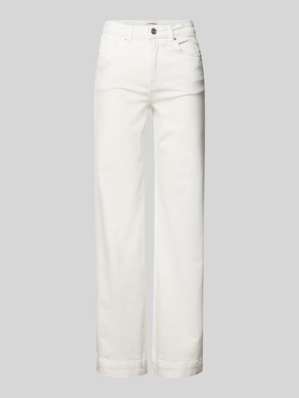 Produktfoto, Bootcut Jeans im 5-Pocket-Design von Stefanel in Weiß, Baumwoll-Mix mit Stretch-Anteil, ausgestellter Schnitt, Knopf- und Reißverschluss, Bundweite bei Größe 36: 37 cm, Innenbeinlänge bei Größe 36: 79 cm.