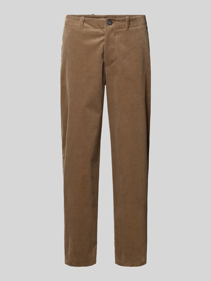 Produktfoto, Regular Fit Cordhose mit Gürtelschlaufen von ANNARR, unifarbene Cordstruktur in Braun, seitliche Eingrifftaschen, Gesäßtaschen