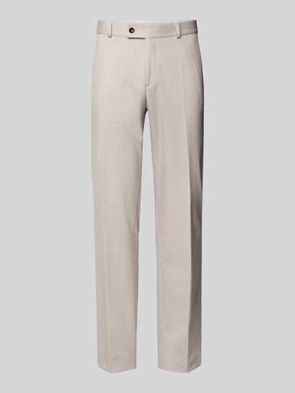 Produktfoto, Slim Fit Stoffhose mit Viskose-Anteil Modell 'Paco' von CG - Club of Gents in hellem Beige, Bügelfalten, strukturierte Textur.