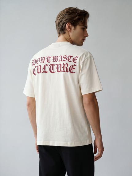 Don´t Waste Culture T-shirt z napisem i nadrukiem z tyłu Złamany biały melanż 5