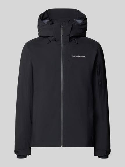 Produktfoto, zwarte jack met capuchon, recht model, model 'Maroon' van Peak Performance, regular fit, labelstitching, ritssluiting, ruglengte maat M 75 cm, schouderbreedte 47 cm, borstwijdte 57 cm, mouwlengte 69 cm
