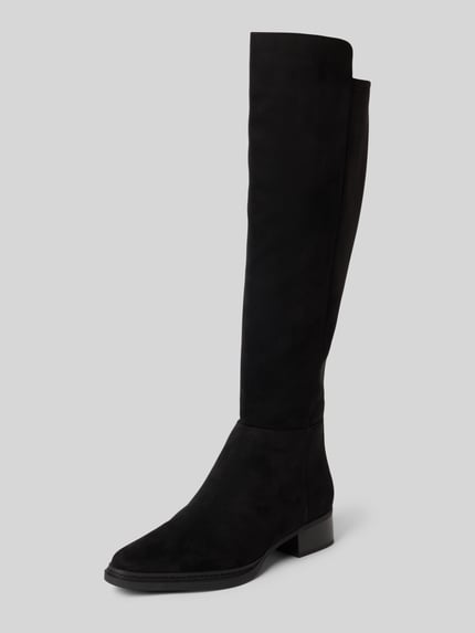 Productfoto, Stiefel met Label-Detail van MICHAEL Michael Kors, zwart, afgeronde vorm, metallic label, hoge schacht, blokhak, gladde zool, context: dames laars met zijrits, hakhoogte 4 cm, schachthoogte 47 cm, schachtwijdte 19 cm