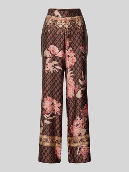 Produktfoto, Stoffhose mit elastischem Bund Modell 'Lunet' von Neo Noir, lockerer Schnitt, braun mit rosa Blumen und grafischem Muster