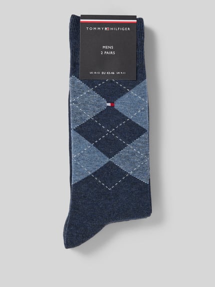 Productfoto, Sokken im 2er-Pack van Tommy Hilfiger, blauw met ruitpatroon, katoenmix, wadenhoog, elastische boord, logo, 2 paar.