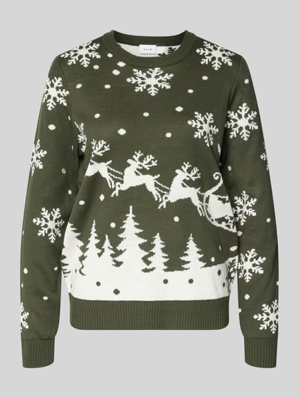 Produktfoto, zielony Strickpullover mit Rundhalsausschnitt Modell 'SNOWI' od Vila, dopasowany krój, białe śnieżynki, motyw zimowy, dzianina.