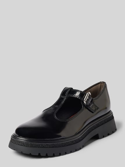 Produktfoto, Loafer mit Klettverschluss von Tamaris, glänzendes schwarzes Leder, runde Form, grobe Sohle, neutrale Textur