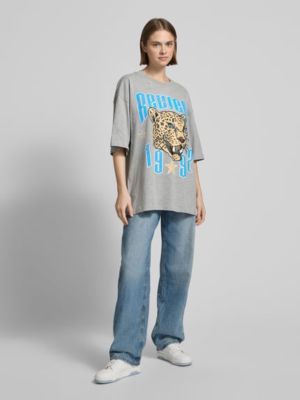 REVIEW Oversized T-Shirt mit Viskose-Anteil und Label-Print Hellgrau Melange 1