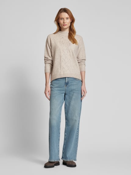 Street One Sweter z dzianiny z prążkowanymi wykończeniami Piaskowy 1