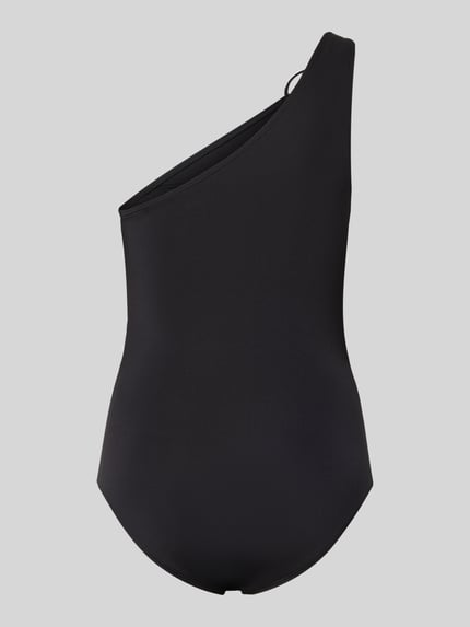 Produktfoto, zwarte nauwsluitende badpak met one-shoulder look en raffingen, materiaalmix met stretch van Michael Kors