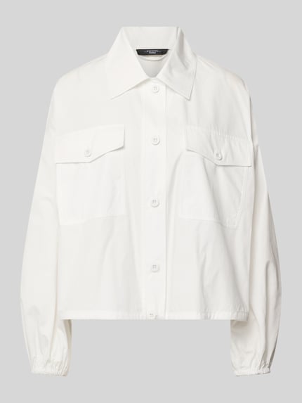 Produktfoto, Loose Fit Blouson aus reiner Baumwolle Modell 'ORIGANO' von Weekend Max Mara, weiß, unifarben, elastische Ärmelabschlüsse, Knopfleiste, Label-Applikation, Umlegekragen, Brusttaschen, glatte Struktur