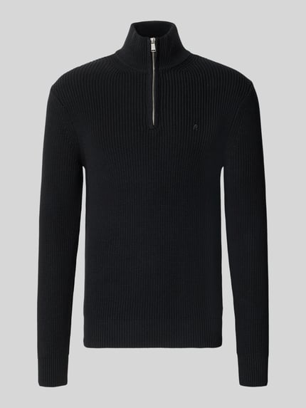 Produktfoto, Slim Fit Pullover aus reiner Baumwolle in Strick-Optik von Replay, czarny sweter z bawełny, krój slim fit, imitacja dzianiny, kołnierz zapinany, Długość tyłu w rozmiarze M: 75 cm, Długość rękawów w rozmiarze M: 72 cm