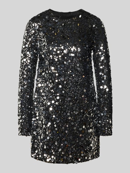 Produktfoto, Fließendes Abendkleid mit Paillettenbesatz Modell 'ANIKA CATINA' von Only, glänzende schwarze Mini-Länge mit Rundhalsausschnitt, gerade geschnitten aus Mesh mit langen Ärmeln und Label-Prägung