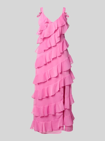 Produktfoto, felroze midi-jurk met volants, A-lijn en bandjes met vetersluiting, model 'LUNA' van Vila, ruglengte 115 cm, borstwijdte 43 cm