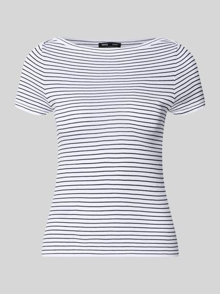 Produktfoto, Skinny Fit T-Shirt aus reiner Baumwolle von MANGO mit schwarz-weißen Streifen, U-Boot-Ausschnitt, kurzärmelig, glatte Textur