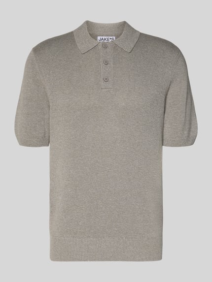 Produktfoto, Regular Fit Poloshirt aus Baumwoll-Leinen-Mix von JAKE*S STUDIO MEN w kolorze beżowym, faktura dzianiny, krótki rękaw, krój regular fit, kołnierzyk polo, ściągacze, długość tyłu w rozmiarze M: 68 cm, długość rękawa w rozmiarze M: 30 cm