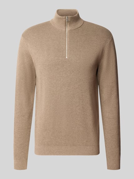 Produktfoto, Regular Fit Troyer aus reiner Baumwolle Modell 'TING' von ONLY & SONS, beżowy, jednolity kolor, długi rękaw z prążkowanym mankietem, prążkowany dół, zamek błyskawiczny, materiał: czysta bawełna