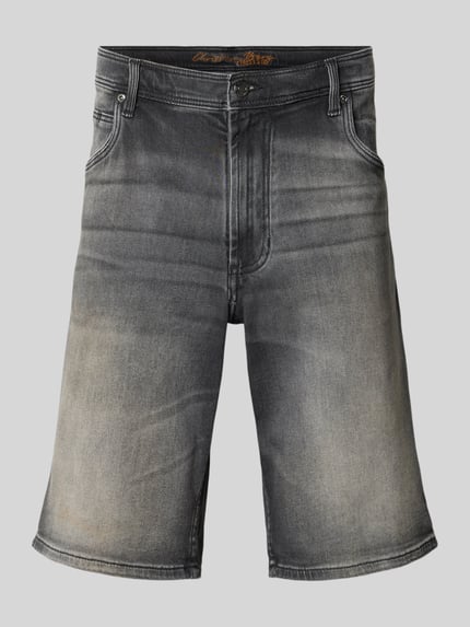 Produktfoto, Bermudas im 5-Pocket-Design mit aufgeschlagenem Saum von Christian Berg Men, mieszanka bawełny z dodatkiem streczu, krój straight fit, 5 kieszeni, zapięcie na guzik i zamek błyskawiczny, detal z logo, zakładka, szerokość w rozmiarze 32: 41 cm, długość wewnętrzna nogawki w rozmiarze 32: 26 cm, szare odcienie, delikatne cieniowania, gładka faktura.