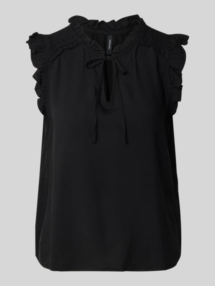 Productfoto, Regular Fit Blusentop uit pure viscose model 'ALBA' van Vero Moda, zwart effen met ruches, V-hals, mouwloos, strikdetail