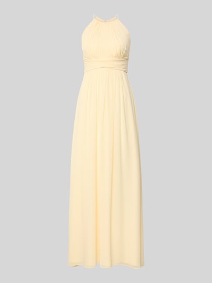 Produktfoto, Abendkleid mit Raffungen von Jake*s Cocktail in zartem Gelb, Maxilänge, taillierte Passform, glatte leichte Textur