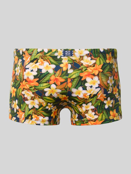Produktfoto, Slim Fit Badehose mit floralem Allover-Print Modell 'Etna' von HOM, Elastischer-Material-Mix, elastischer Bund mit Tunnelzug, Logo-Patch, florale Farben und glatte Textur