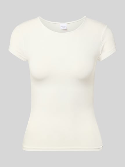 Produktfoto, Slim Fit T-shirt uit Modalmix van Gina Tricot in effen licht crème, ronde hals, korte mouw, ruglengte maat S 54 cm