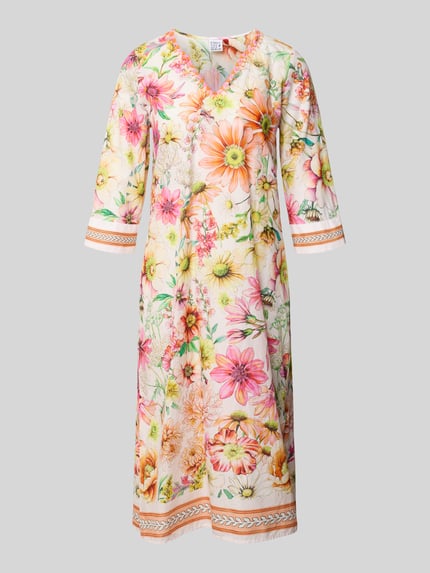 Productfoto, Tunikakleid im Allover-Look mit V-Ausschnitt van Emily Van den Bergh, dames tuniekjurk van puur katoen, recht model, midi-jurk, all-over look, V-hals, 3/4-mouw, ruglengte maat 36: 115 cm, borstwijdte maat 36: 46 cm, mouwlengte maat 36: 44 cm, kleurrijk bloemenpatroon, zachte textuur.