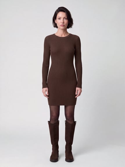 PIECES Strickkleid mit Rippstruktur Dunkelbraun 4