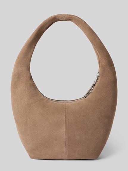 Productfoto, Hobo Bag met labelpatch Model 'Gerda' van Bogner in lichtbruin suède, Hoofdvak met ritssluiting, kort schouderband, binnenvak met rits, Breedte 36 cm, Lengte 26 cm, Diepte 9 cm, bandlengte 64 cm