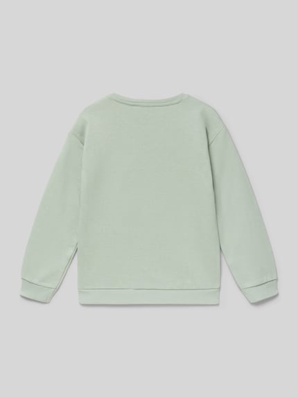 Produktfoto, Sweatshirt mit Motiv-Print von Blue Seven in hellgrün, reine Baumwolle, lockerer Schnitt, gerippte Abschlüsse, Rundhalsausschnitt.